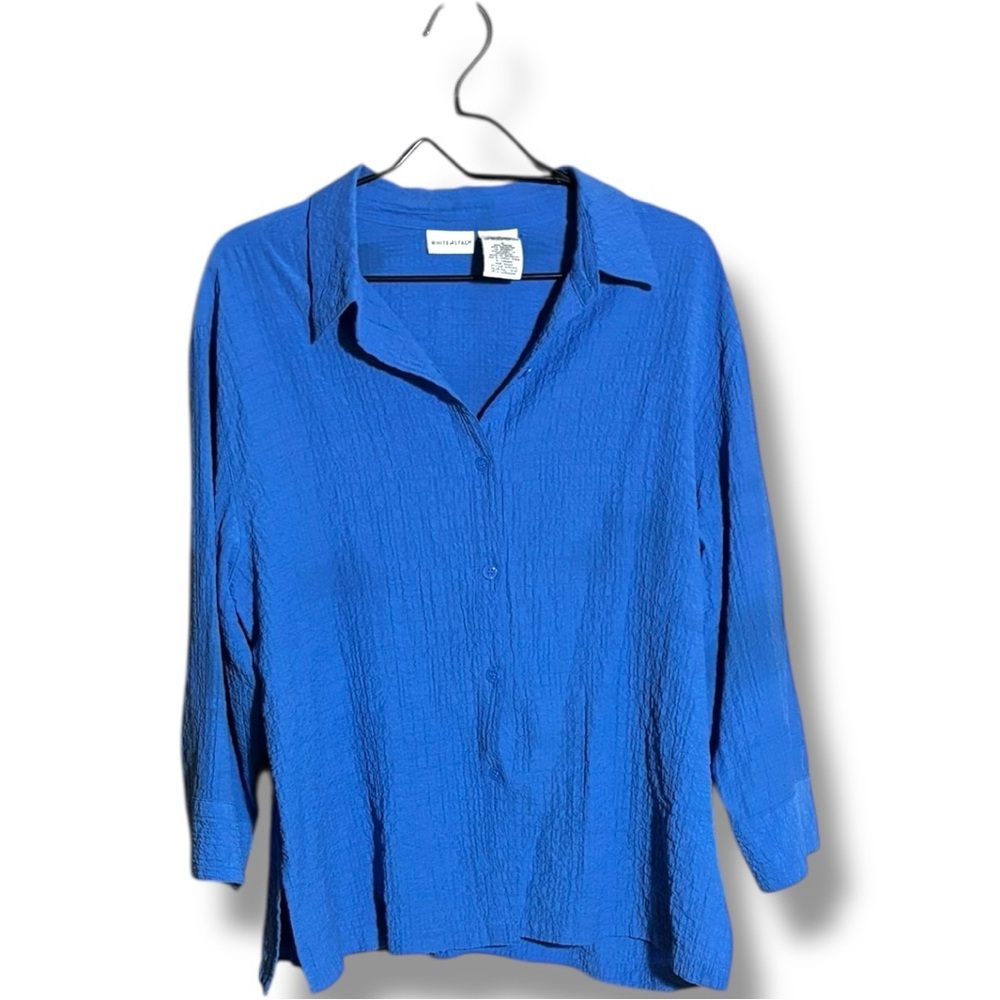 White Stag Royal Blue 3/4 Sleeve Collared Textured Loose Fit Button Down Shirt - Picture 12 of 15